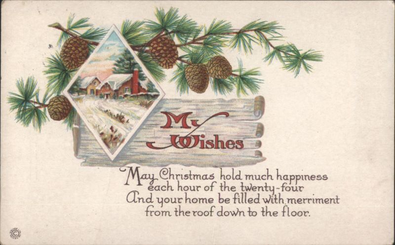 Christmas Wishes Snowy Village Pine Boughs Pinecones Poem