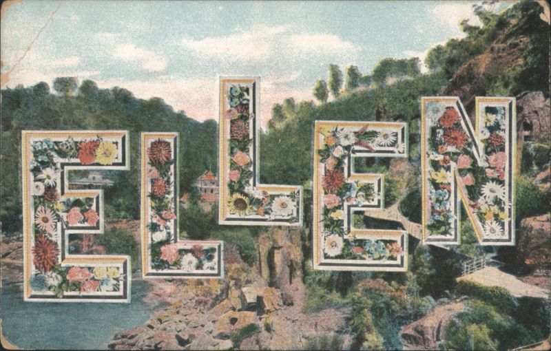 ELLEN Floral Name Art with Scenic Landscape Background