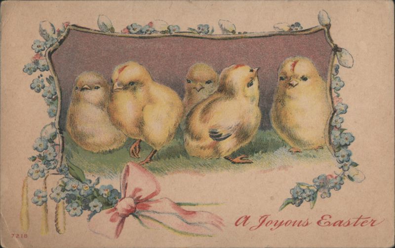 A Joyous Easter Chicks with Blue Flowers and Pink Bow