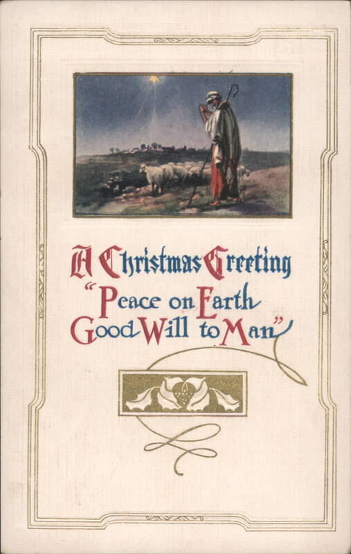 Christmas Greeting: Shepherd, Sheep, and Guiding Star with 'Peace on Earth'