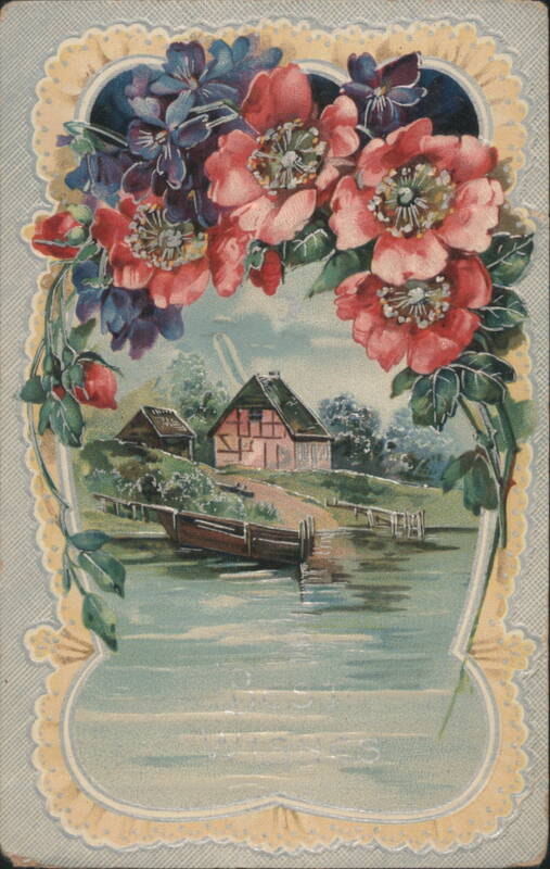 Waterside Cottage with Boat, Floral Frame, German Print