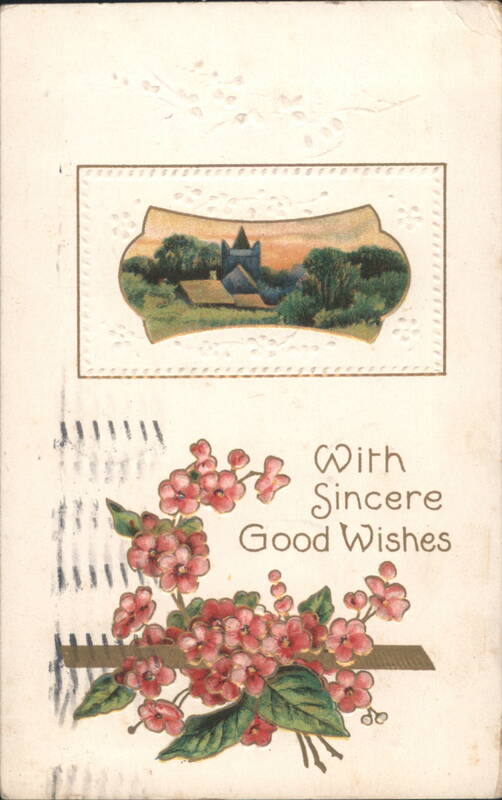 With Sincere Good Wishes, Village Church & Flowers Embossed Greeting