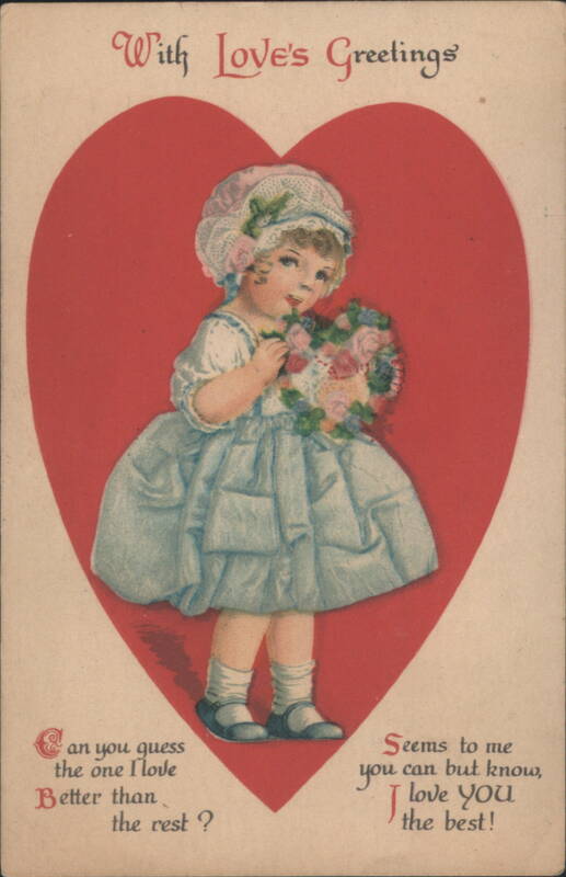 Young Girl in Blue Dress on Red Heart, With Love's Greetings