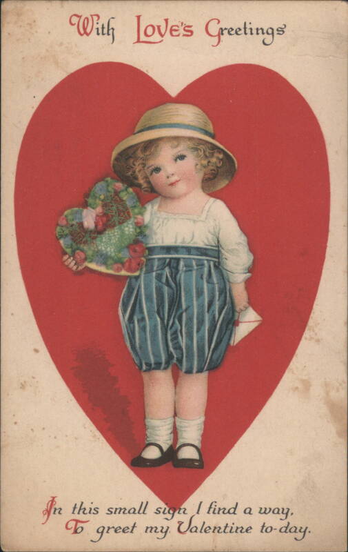Child in Straw Hat with Valentine Heart Box and Poem, Love's Greetings
