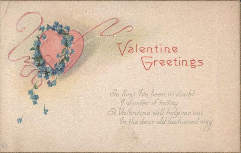 Valentine Greetings with Heart and Blue Flowers, Romantic Poem
