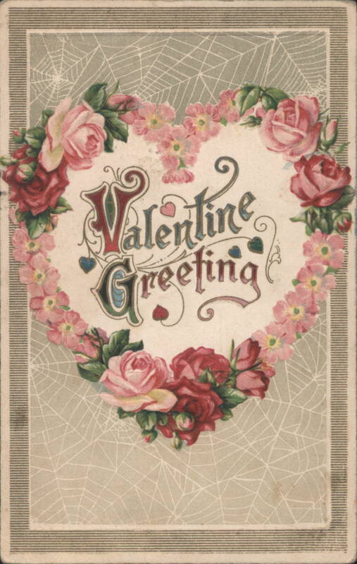 Valentine Greeting with Heart-Shaped Rose Wreath and Spiderweb Background