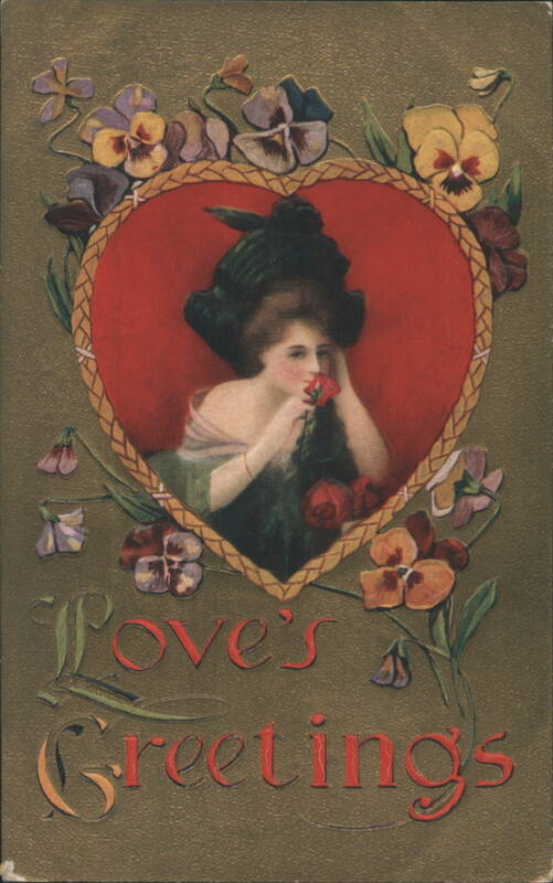 Love's Greetings Woman in Heart Frame with Red Rose and Pansies