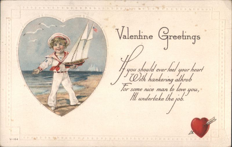 Valentine Greetings with Sailor Boy and Toy Sailboat