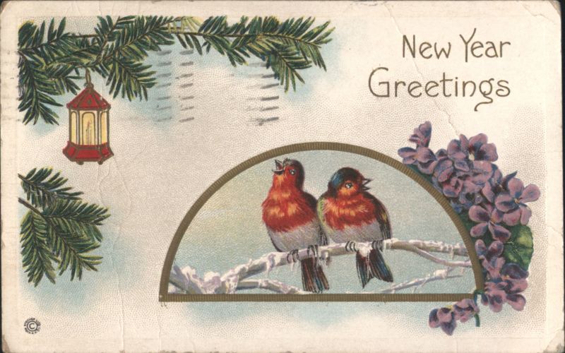 New Year Greetings with Two Robins on Snowy Branch & Lantern