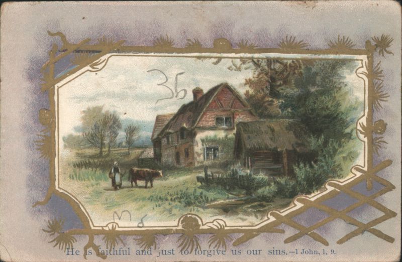 Rural Farm Scene with Woman, Cow, and Farmhouse, Religious Scripture