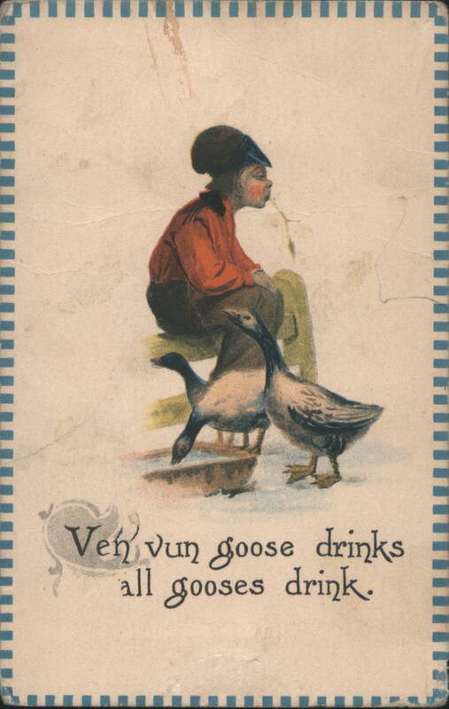 Boy and Geese with Humorous German-Accent Drinking Saying