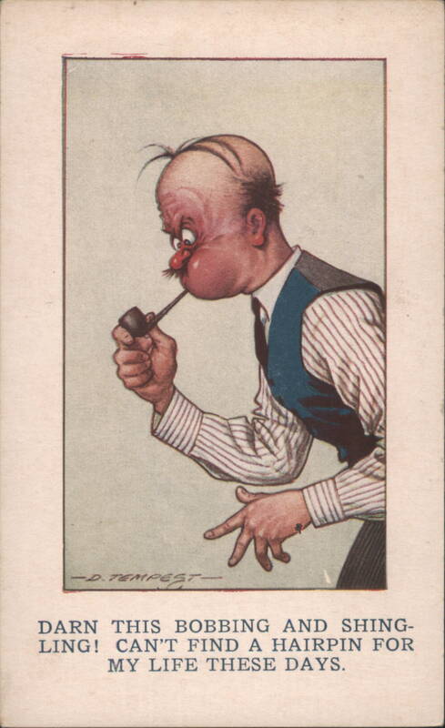 Frustrated Bald Man with Pipe, 'Darn This Bobbing and Shing-Ling!'