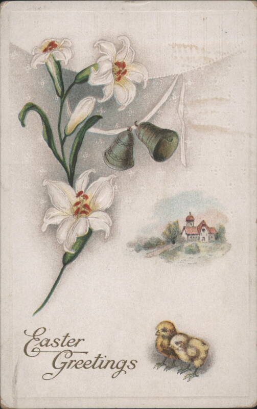 Easter Lilies, Bells, Chicks, and Village with Easter Greetings Text