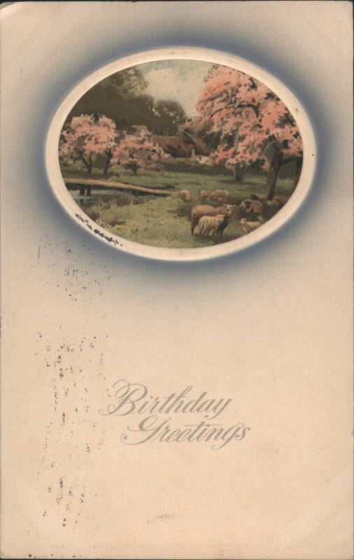 Birthday Greetings, Pastoral Scene with Sheep and Blossoming Trees