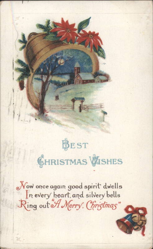 Christmas Bell with Winter Church Scene & Poinsettias, 'A Merry Christmas'