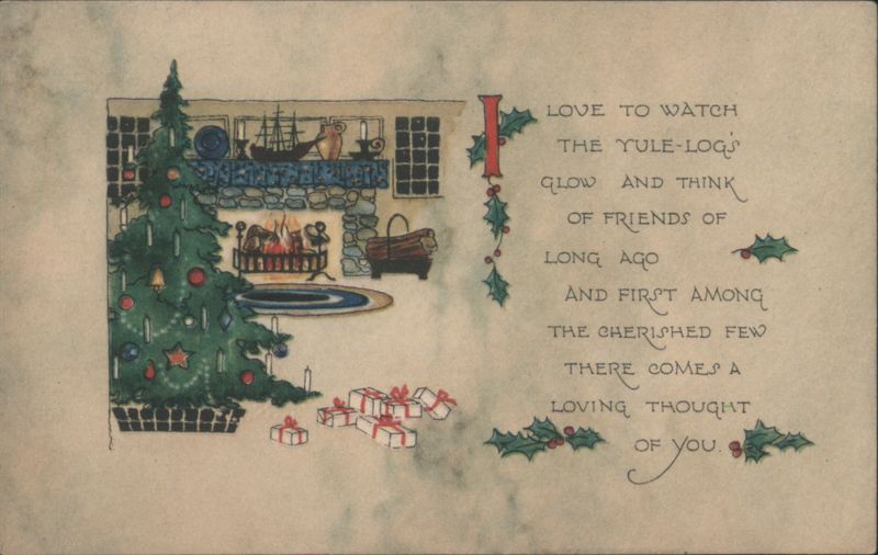 Christmas Tree and Fireplace with Yule Logs Holiday Greeting