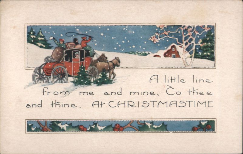 Horse-Drawn Sleigh in Snowy Landscape with Christmas Greeting