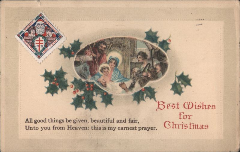 Nativity Scene with Madonna & Child, Joseph, Shepherds & Holly, 1921