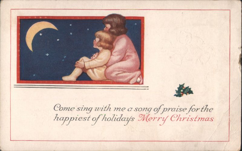 Mother and Child by Window, Crescent Moon and Stars, Merry Christmas Greeting