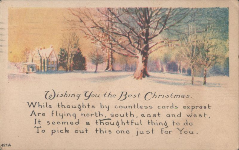 Snowy Winter Landscape with Houses and Christmas Greeting