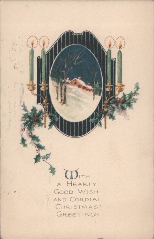 Christmas Greetings Card, Snowy House Scene with Candles & Holly
