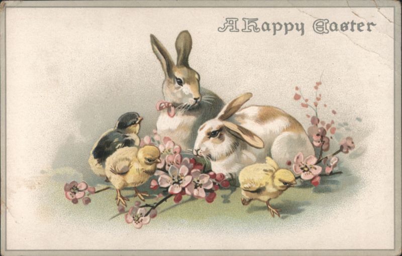 A Happy Easter Bunnies and Chicks with Pink Flowers
