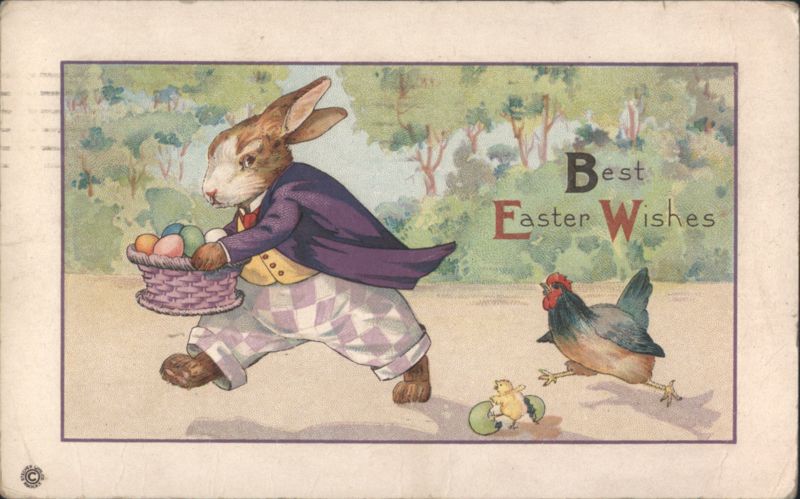 Easter Bunny with Basket of Eggs, Chicken, Chick - Best Easter Wishes
