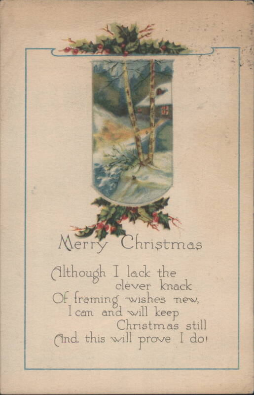 Merry Christmas Poem with Winter Landscape and Holly Decoration