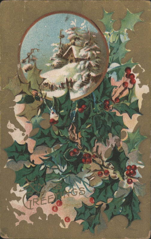 Christmas Greetings Winter Cabin Snow Scene Holly Berries Embossed