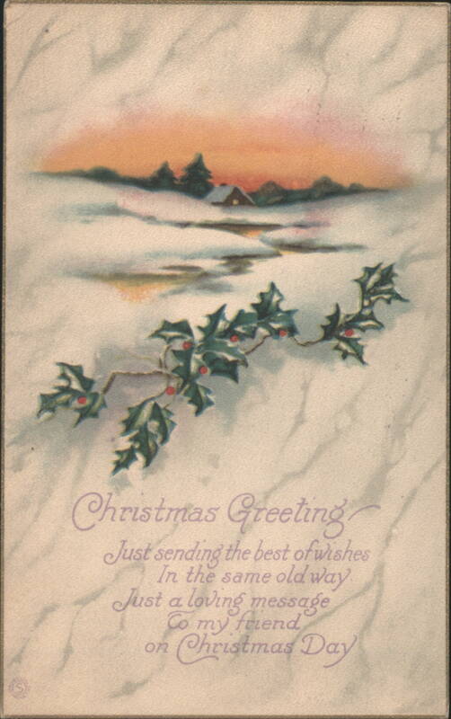 Christmas Greeting with Winter Landscape and Holly Branch