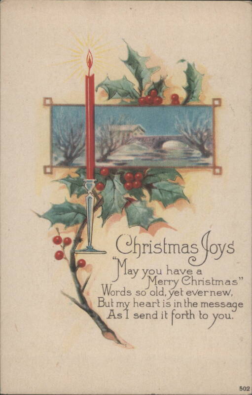 Christmas Joys Candle Holly Winter Bridge Scene