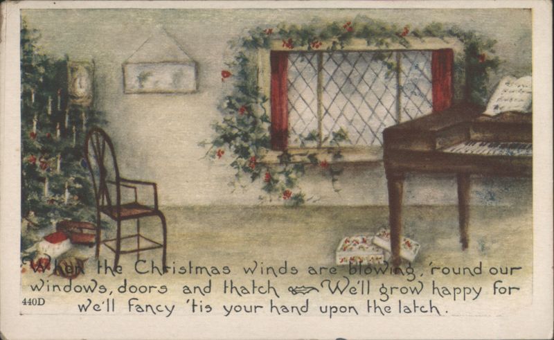 Christmas Winds Blowing, Decorated Tree, Piano, Holly Window Garland