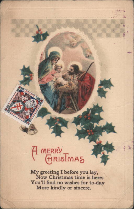 Nativity Scene, Holy Family, Angels, and Holly for Christmas Greeting