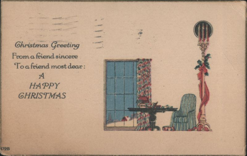 Christmas Greeting with Cozy Interior Scene and Candelabra