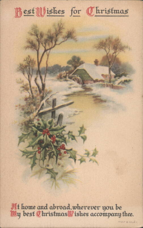 Best Wishes for Christmas Winter Scene with Snowy Mill and Holly