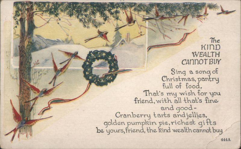 Christmas Birds, Winter Wreath & Poetic Greeting, The Kind Wealth Cannot Buy