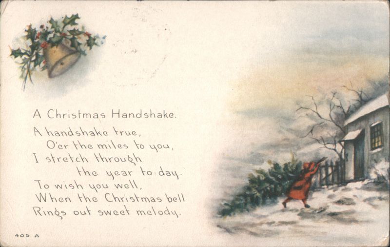 Christmas Handshake Poem, Winter Scene with House, Holly and Bell