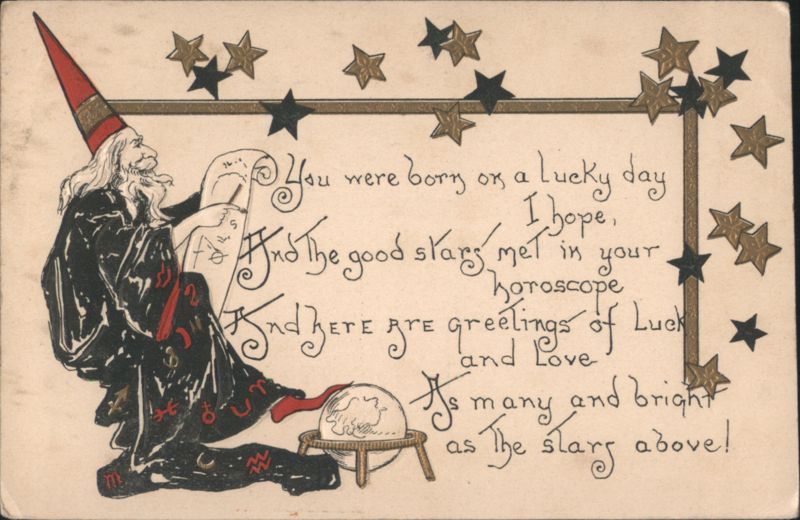 Wizard Astrologer Writing Horoscope with Stars and Globe, Lucky Day Greeting