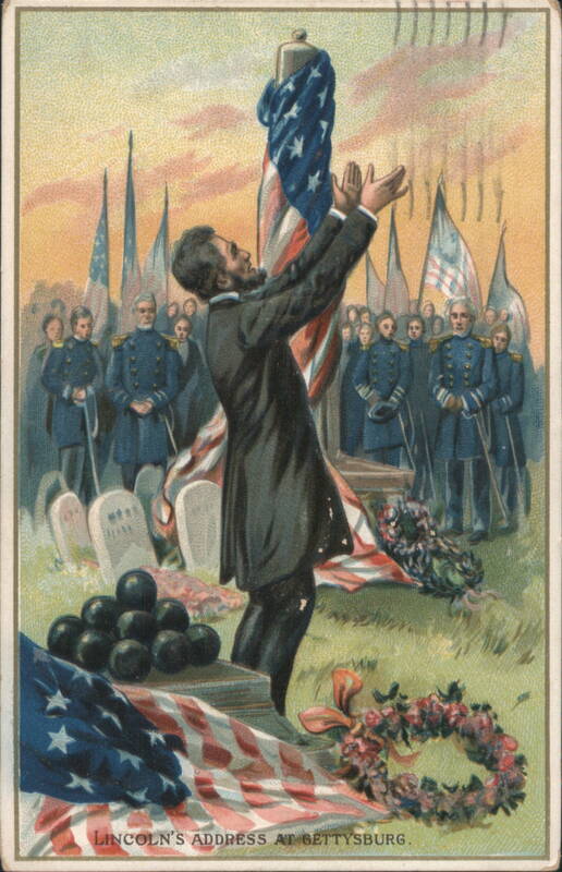 Abraham Lincoln Delivering Gettysburg Address, Soldiers, Flags, Gravestones