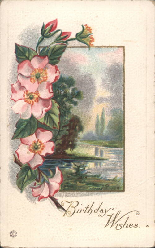 Birthday Wishes, Pink Flowers Framing Serene River Landscape