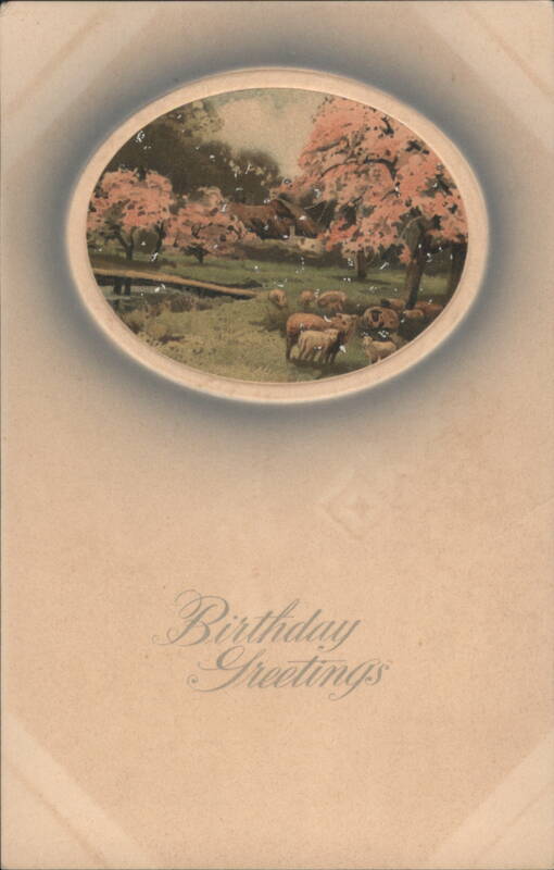 Birthday Greetings with Sheep in Blossom Orchard Scene