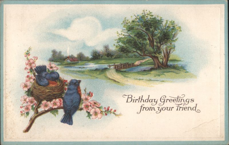 Bluebirds on Nest with Pink Blossoms, Birthday Greetings