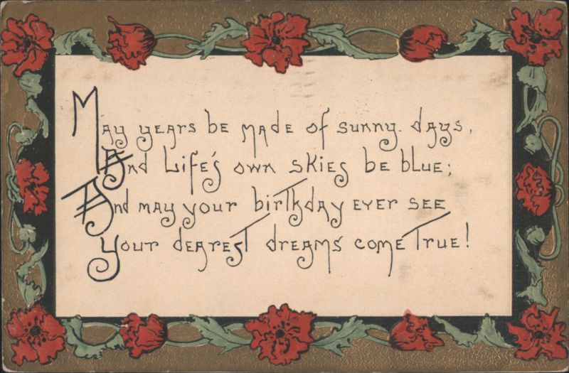 Birthday Greeting Poem with Red Flowers and Ornate Border