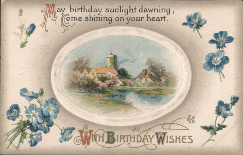 Birthday Wishes with European Village Scene and Blue Flowers
