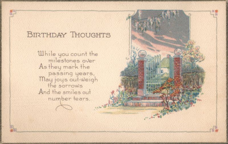 Birthday Thoughts Poetic Greeting Card with Gate and Sunset Scene