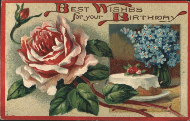 Birthday Wishes with Red & White Rose, Forget-Me-Nots & Cake