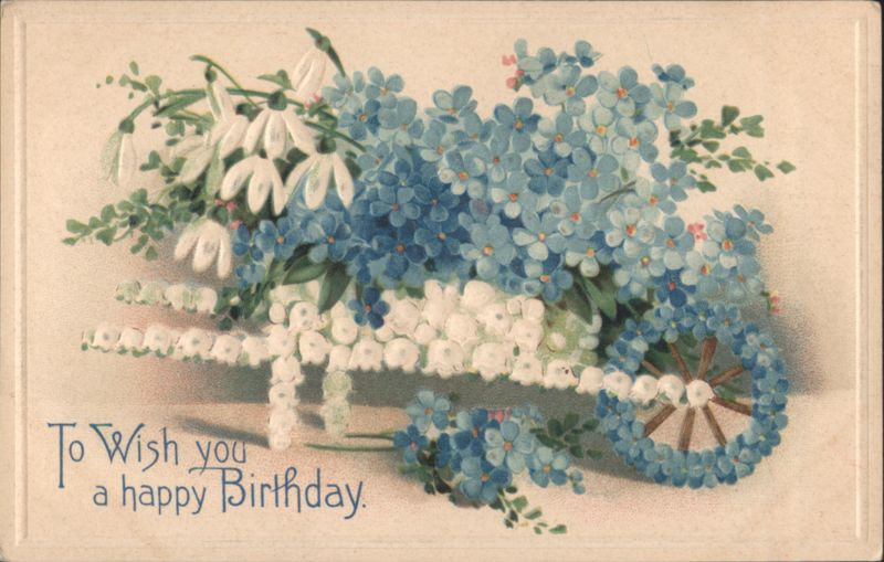 Birthday Greeting with Blue Forget-Me-Nots and White Flowers in Cart Design