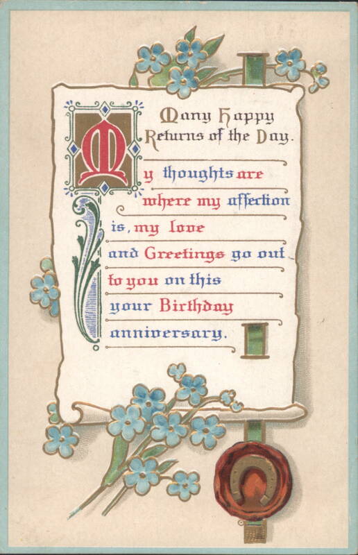 Birthday Greeting with Illuminated Initial M, Forget-Me-Nots, and Horseshoe
