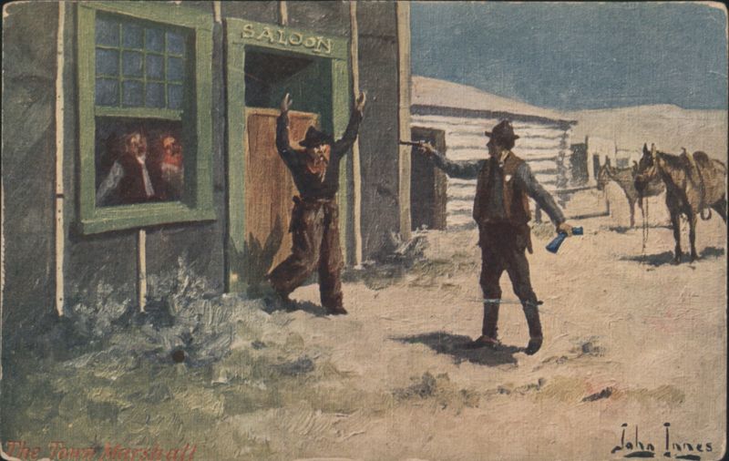 Town Marshall Confronts Outlaw at Saloon in Old West by John Innes
