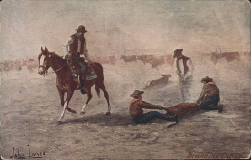 John Innes Art: Cowboys Branding Cattle on the Open Prairies